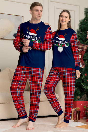 Ensemble de pyjama de Noël rouge marine à carreaux à manches longues